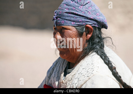 Portrait of traditionally dressed Bolivian woman with headscarf and tress, Altiplano, Bolivia Stock Photo