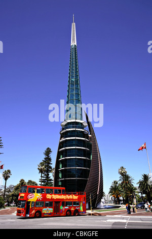 Swan Bells-tower and red sight-seeing tourist bus, Perth, Western Australia, Australia