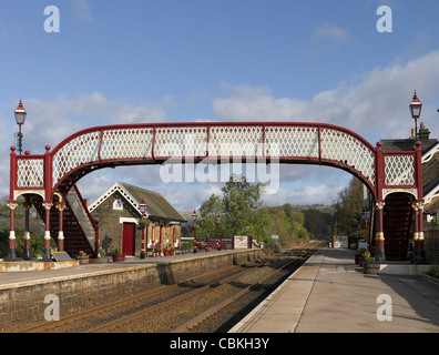 Footbridge bridge across the railway track at Settle train station Ribblesdale Yorkshire Dales North Yorkshire England UK United Kingdom GB Great Brit Stock Photo