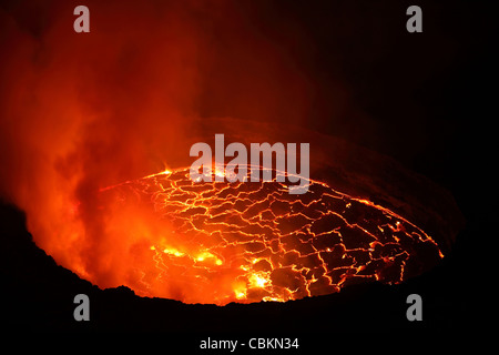 January 21, 2011 - Nighttime view of lava lake in pit crater, Nyiragongo Volcano, Democratic Republic of the Congo. Stock Photo