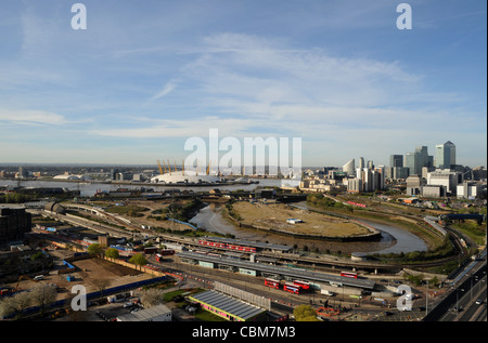 Aerial Views of Docklands and Canary Wharf viewed from the east  side of London Stock Photo