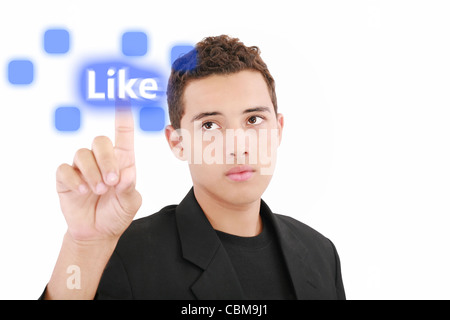 man pressing a touchscreen like button Stock Photo