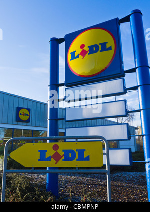 LIDL supermarket signs outside the store in Fakenham, Norfolk. Stock Photo