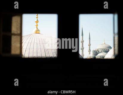 Looking out from Hagia Sophia ( Aya Sofya ) towards Sultan Ahmed Mosque ( Blue Mosque ) Stock Photo