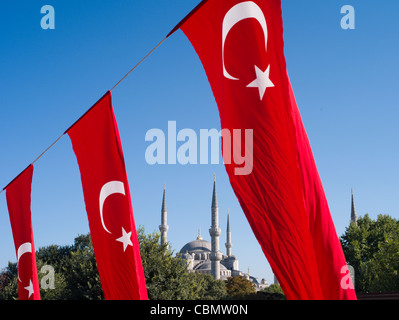 Turkish Flags and Sultan Ahmed Mosque aka Blue Mosque Stock Photo