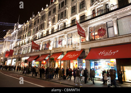 Night time exterior of Hamleys toy store on Regent Street, London. Photo:Jeff Gilbert Stock Photo