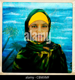 Portrait Of Cute Black Veiled Teenage Girl Wearing Qasil On Her Face Berbera Somaliland Stock Photo