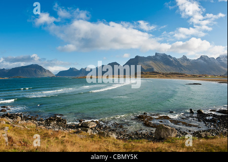 View over beach from Yttersand, Moskenesoy, Lofoten Islands, Norway Stock Photo