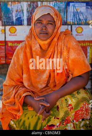 Mature Sat Woman Wearing Veil Head And Shoulders Portrait Lasadacwo Village Somaliland Stock Photo