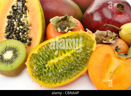 Tropical Fruits Assortment On White Background , Close Up Stock Photo