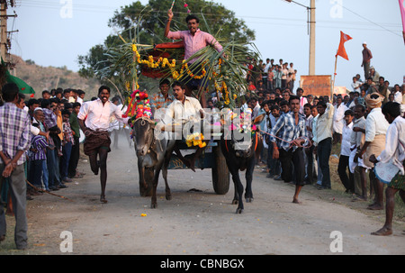 Bullock cart race and crowd Anantapur district in South India Stock Photo