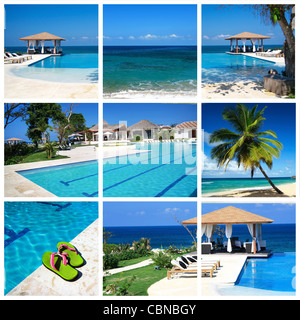 Collage with luxury swimming pool and summerhouse Stock Photo