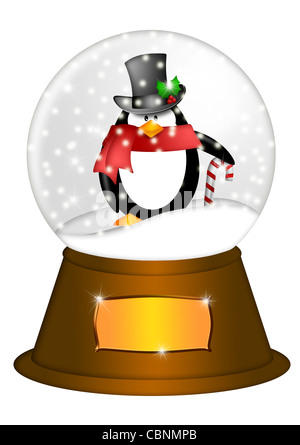 Christmas Water Snow Globe Penguin with Candy Cane and Blank Title Plaque Illustration Isolated on White Background Stock Photo