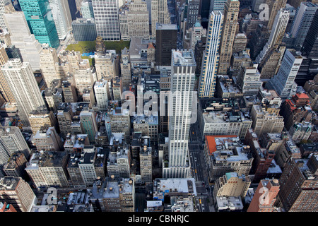 A view tumbling down into midtown Manhattan with Bryant Park and 5th Avenue. Stock Photo