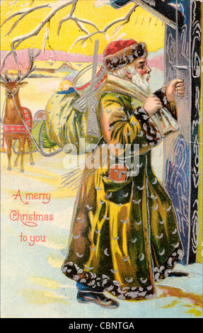 St. Nicholas at the Front Door with Christmas Presents Stock Photo