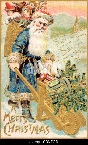 St. Nicholas Delivering Christmas Presents with Golden Wheelbarrow Stock Photo