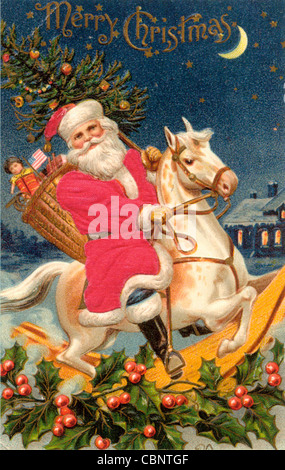 Santa Claus on Giant Rocking Horse Delivering Christmas Presents Stock Photo