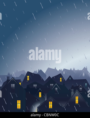 an illustration of rooftops in a city on a rainy day with a dramatic sky Stock Photo