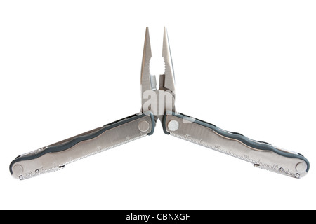 photo of unfolded leatherman multitool with pliers isolated on white background Stock Photo