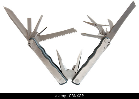photo of fully unfolded leatherman multitool isolated on white background Stock Photo