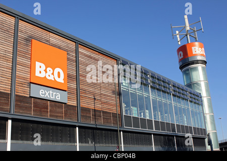 B&Q Extra superstore with largest wind turbine on a building in the UK. New Malden, Surrey, England. Stock Photo