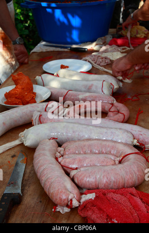 Freshly made sausages, Ibiza traditional pig slaughter Stock Photo