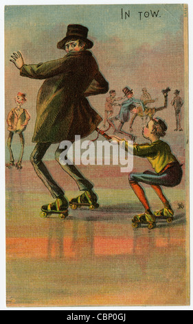 Circa 1890s Victorian trade card, 'In Tow,' showing a boy on roller skates holding a man's belt. Stock Photo