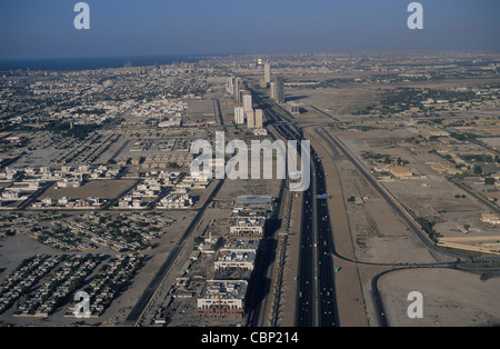 United Arab Emirates, Middle East, Dubai, Aeriel view of the Abu Dhabi highway and the world trade centre. Stock Photo