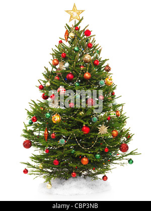 Beautiful decorated Christmas tree with a star topper isolated on white background. Stock Photo