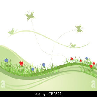 Green spring field, flowers and butterflies illustration Stock Photo