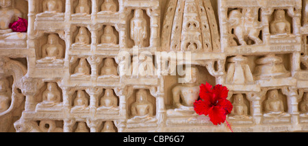 White marble religious icon carvings at The Ranakpur Jain Temple at Desuri Tehsil in Pali District of Rajasthan, India Stock Photo