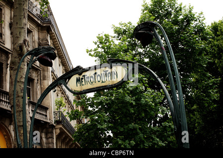 Paris Metro sign at exit stairs in St Germain. Stock Photo