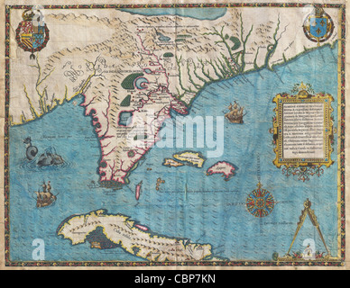 1591 De Bry and Le Moyne Map of Florida and Cuba Stock Photo