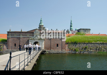 Denmark, Helsingoer. Kronborg Castle (aka Kronborg Slot). UNESCO World Heritage Site. Bridge over castle moat. Stock Photo