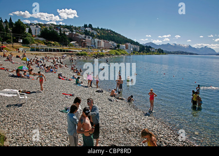 People bathing by at Lake Nahuel Huapi, Bariloche, Patagonia. Argentina. Stock Photo