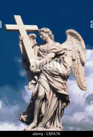 Angel with cross on Bridge Ponte Sant Angelo near St Peters Basilica in Rome Italy. Stock Photo