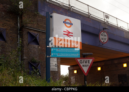 The Train Station sign at the Over ground Hackney Wick Station, The new Overground system has been installed for the Olympics Stock Photo