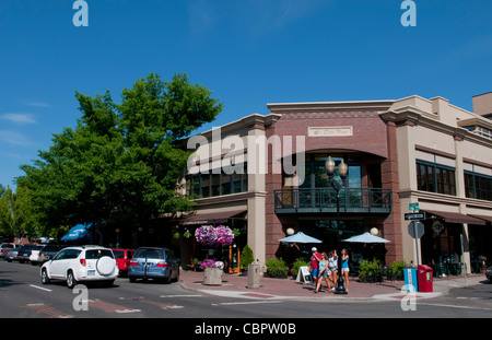 Bend, Oregon downtown city center on Bond Street with cafes and Wall Street Stock Photo