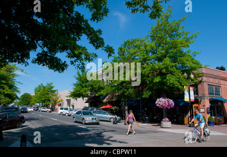 Bend, Oregon downtown city center on Bond Street with cafes and Wall Street Stock Photo