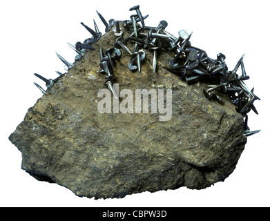 Magnetite (Lodestone) Holding Iron Tacks Magnetic Iron Oxide Stock Photo