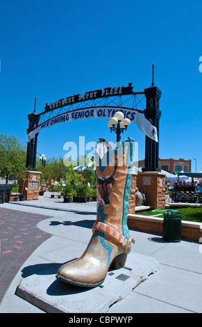 Downtown Cheyenne Wyoming Farmers Market and Special Olympics area with big cowboy boot artwork  Stock Photo