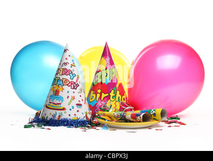 Birthday party decorations isolated on white. Stock Photo