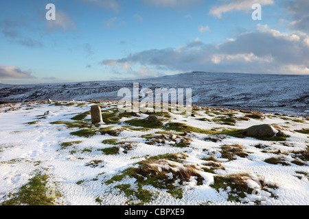 Pennine Way Marker Stone on Bracken Rigg in Winter with the View Towards Holwick Fell and Green Fell End Teesdale County Durham Stock Photo