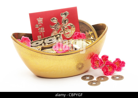 Red Packets and Gold Ingots on White Background Stock Photo