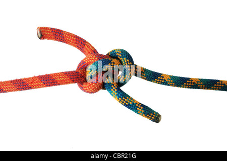 zeppelin knot in red and green climbing ropes isolated on white Stock Photo