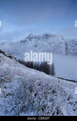 Langdale Pikes rising above snowy pine trees and the misty Mickleden ...