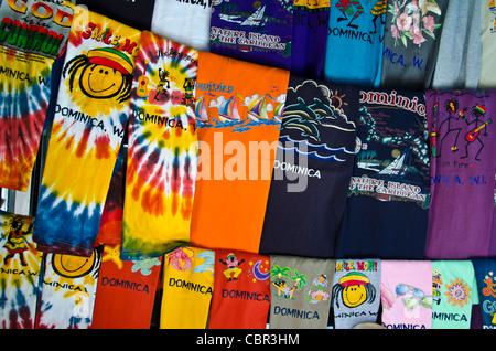 Rows of brightly colored Dominica t-shirts near the Roseau cruise port Stock Photo