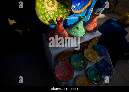 Traditional tagines or cooking pots on a Moroccan market stall in the souks of Marrakech Stock Photo