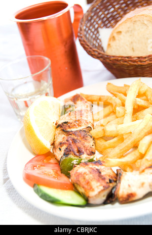 [Edit]  food, souvlaki, pork, skewer, tzatziki, garlic, sour, cream, salad, Greek, Greece, taverna, restaurant, typical, travel Stock Photo