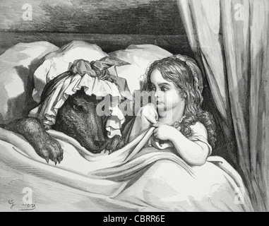 The Disguised Wolf and Little Red Riding Hood Fairy Tale or Folk Tale, Engraving by Gustave Doré, 1862 Stock Photo